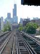 Motormans-eye view of the Chicago skyline as seen from the Brown Line