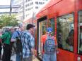 Boarding Seattle Streetcar near Westlake Center.